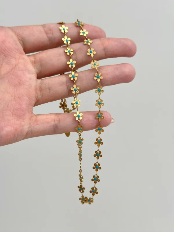 Dainty Blue Enamel Flower Chain Necklace Bracelet – Minimalist Fresh Style Jewelry